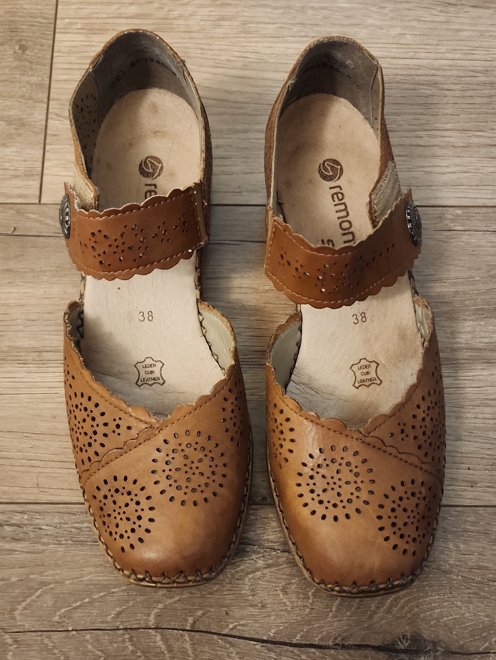 Remonte Tan Perforated Leather Mary Jane Shoes